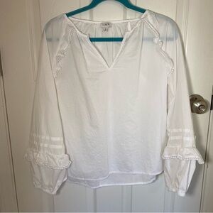White J. Crew Blouse with Pom Pom Detailing